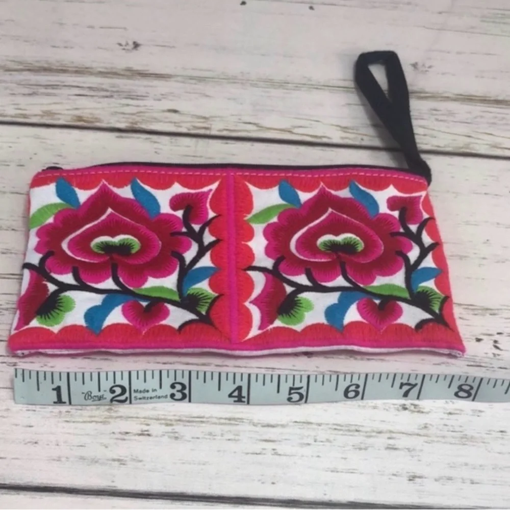 Floral Embroidered Clutch with Wrist Strap Vibrant colors